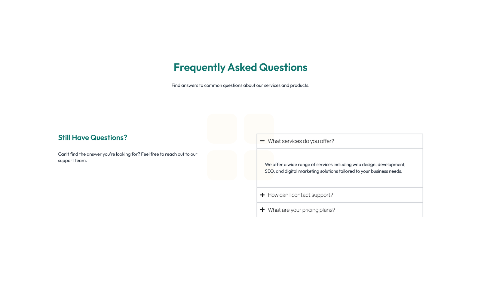 Screenshot of Centered FAQ with Accordion, Follow-up CTA 26 - Elementor FAQ Sections component