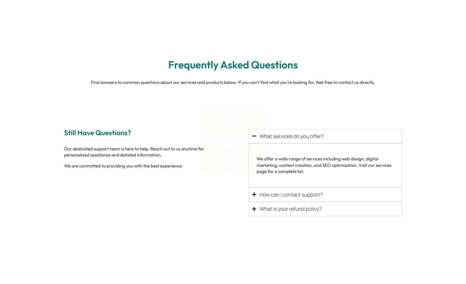 Screenshot of Centered FAQ with Accordion, Follow-up CTA 28 - Elementor FAQ Sections component