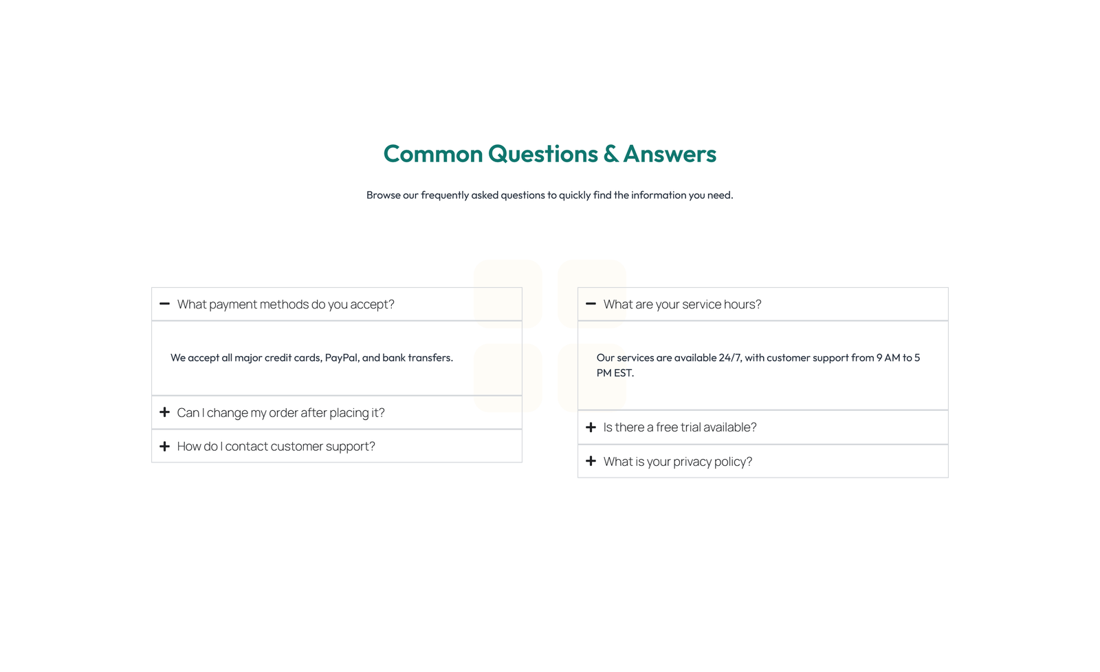 Screenshot of Split FAQ with Text and CTA Left and Accordion Right 29 - Elementor FAQ Sections component