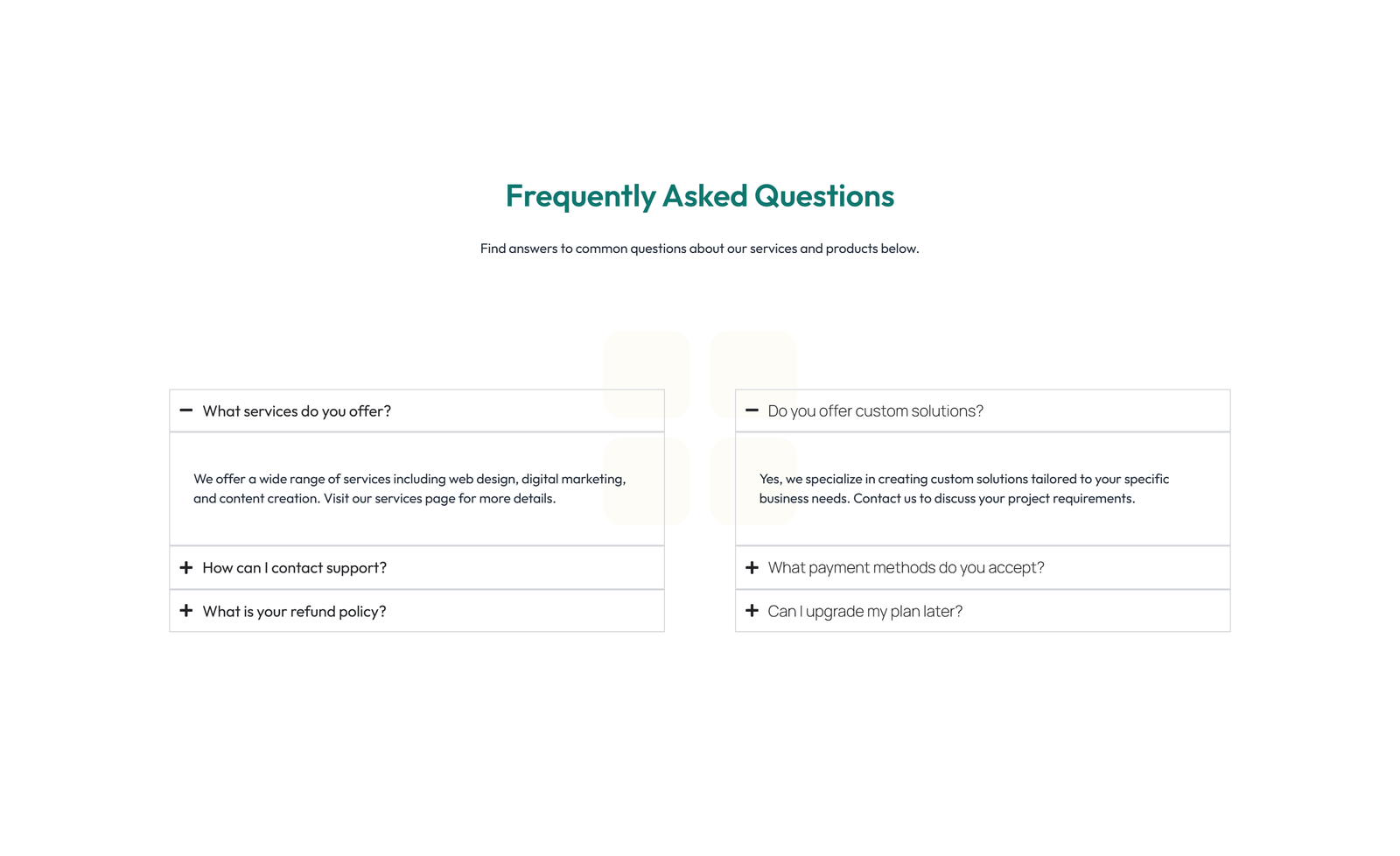 Screenshot of Centered FAQ with Accordion, Follow-up CTA 30 - Elementor FAQ Sections component