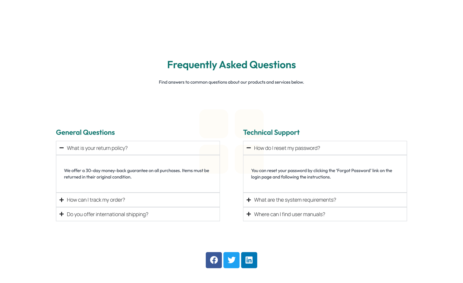 Screenshot of Centered FAQ with Accordion with Heading 31 - Elementor FAQ Sections component