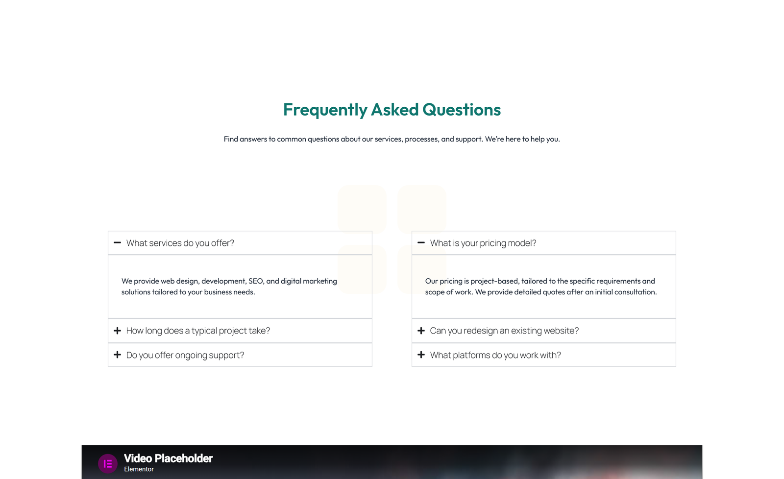 Centered FAQ with Accordion with Heading 32 - Elementor component