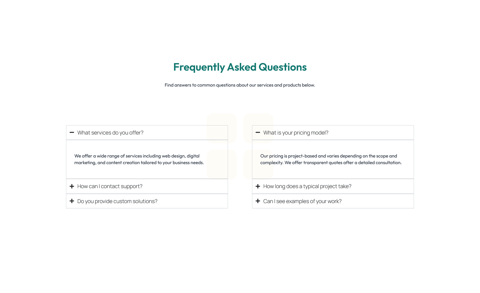 Screenshot of Split FAQ with Text and CTA Left and Accordion Right 32 - Elementor FAQ Sections component
