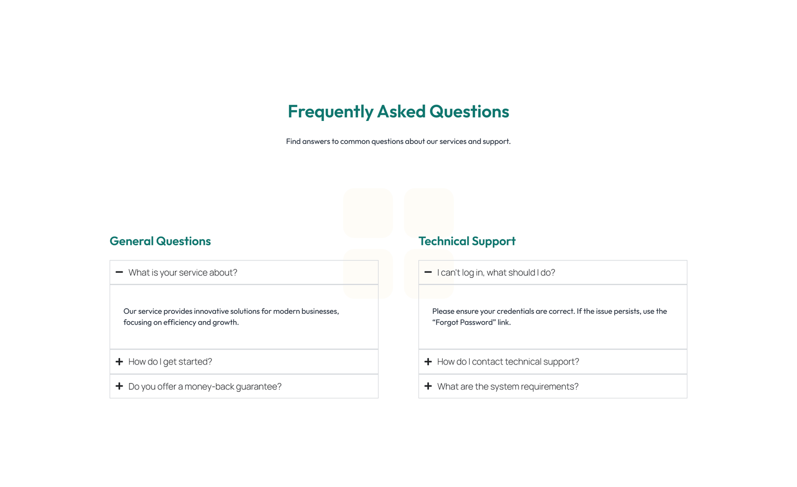Screenshot of Centered FAQ with Accordion, Follow-up CTA 32 - Elementor FAQ Sections component
