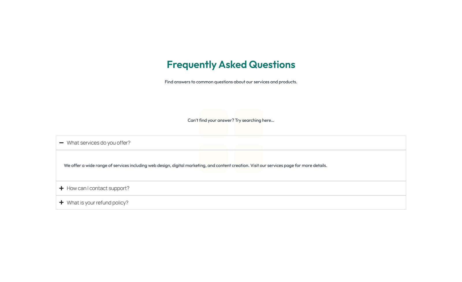 Screenshot of Centered FAQ with Accordion, Follow-up CTA 34 - Elementor FAQ Sections component
