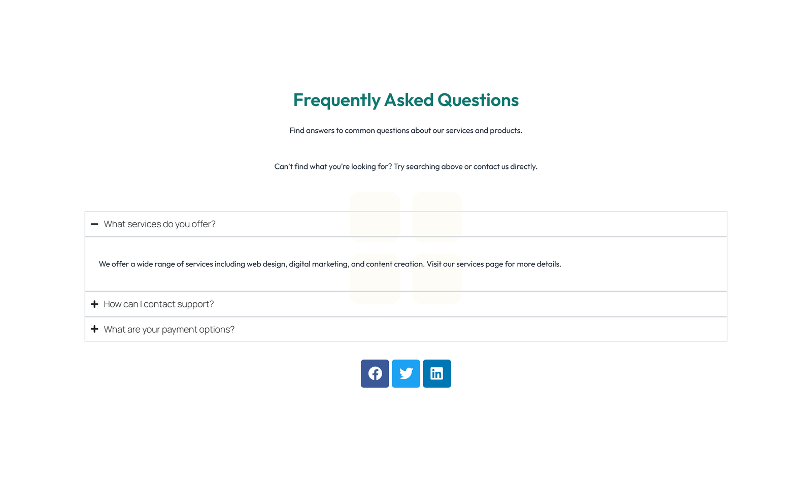 Screenshot of Centered FAQ with Accordion with Heading 35 - Elementor FAQ Sections component