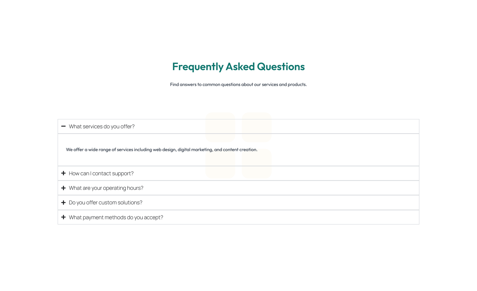 Screenshot of Centered FAQ with Accordion with Heading 37 - Elementor FAQ Sections component