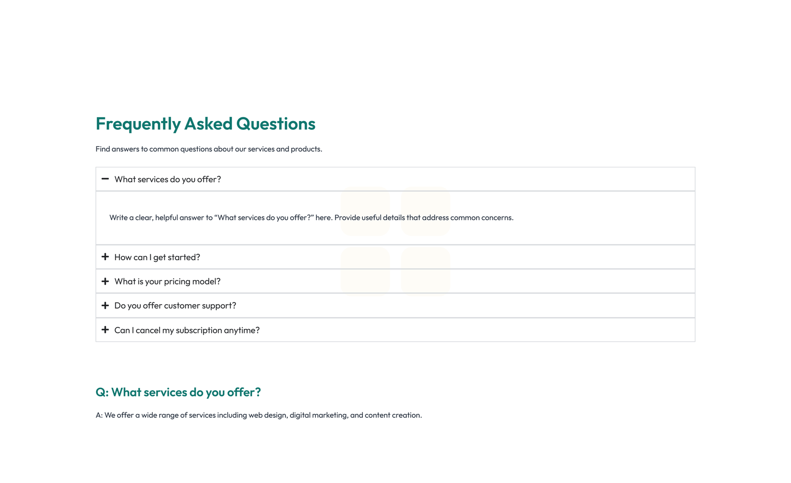 Screenshot of Split FAQ with Text and CTA Left and Accordion Right 37 - Elementor FAQ Sections component