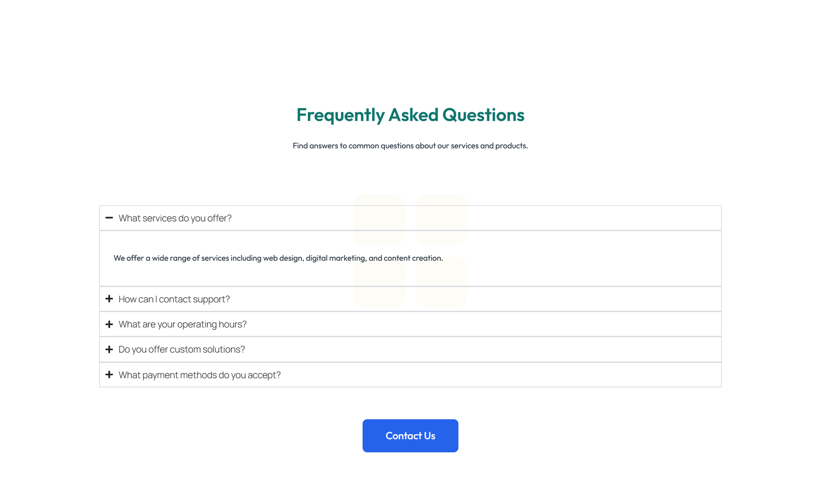 Screenshot of Centered FAQ with Accordion, Follow-up CTA 37 - Elementor FAQ Sections component
