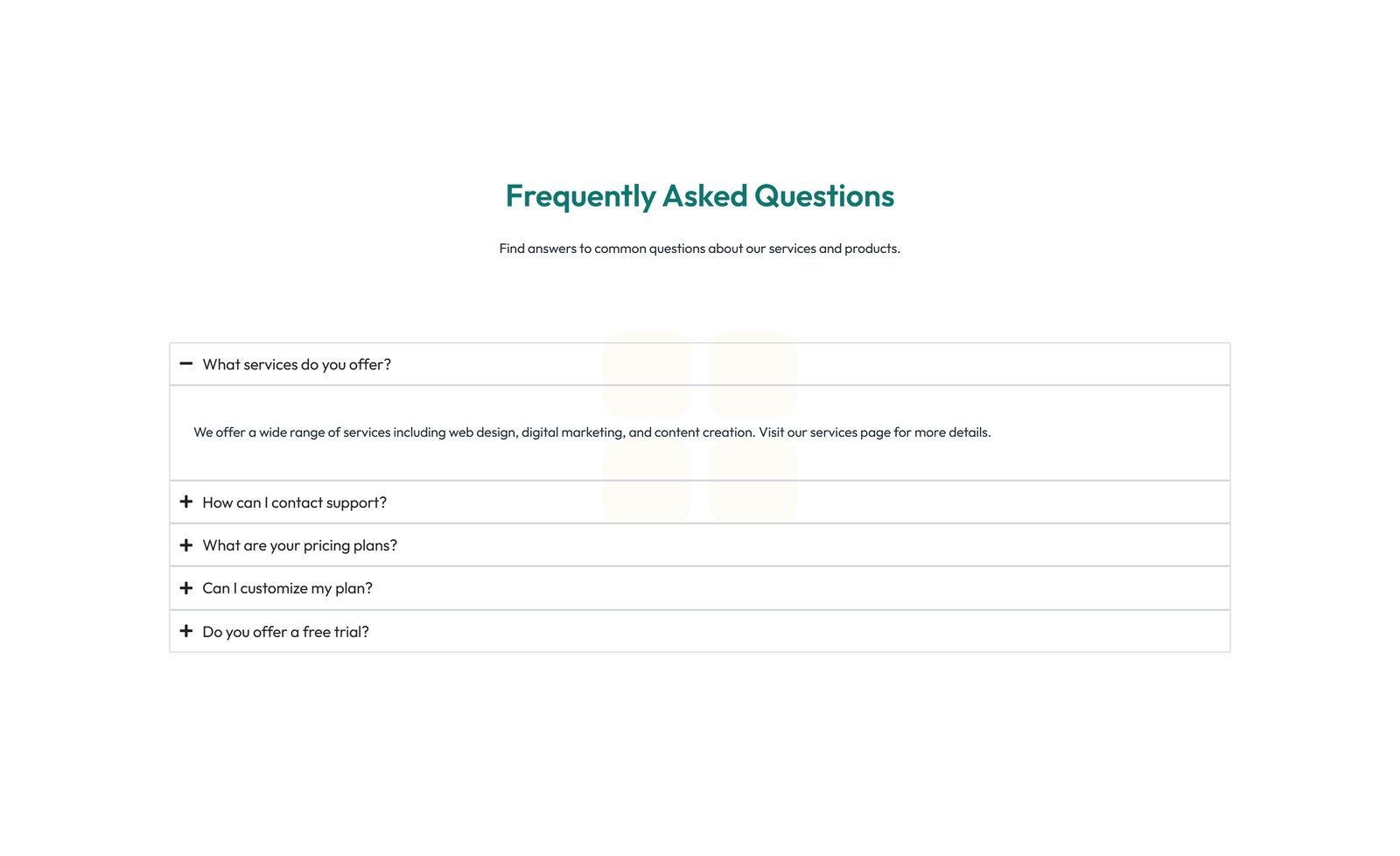 Screenshot of Centered FAQ with Accordion, Follow-up CTA 38 - Elementor FAQ Sections component