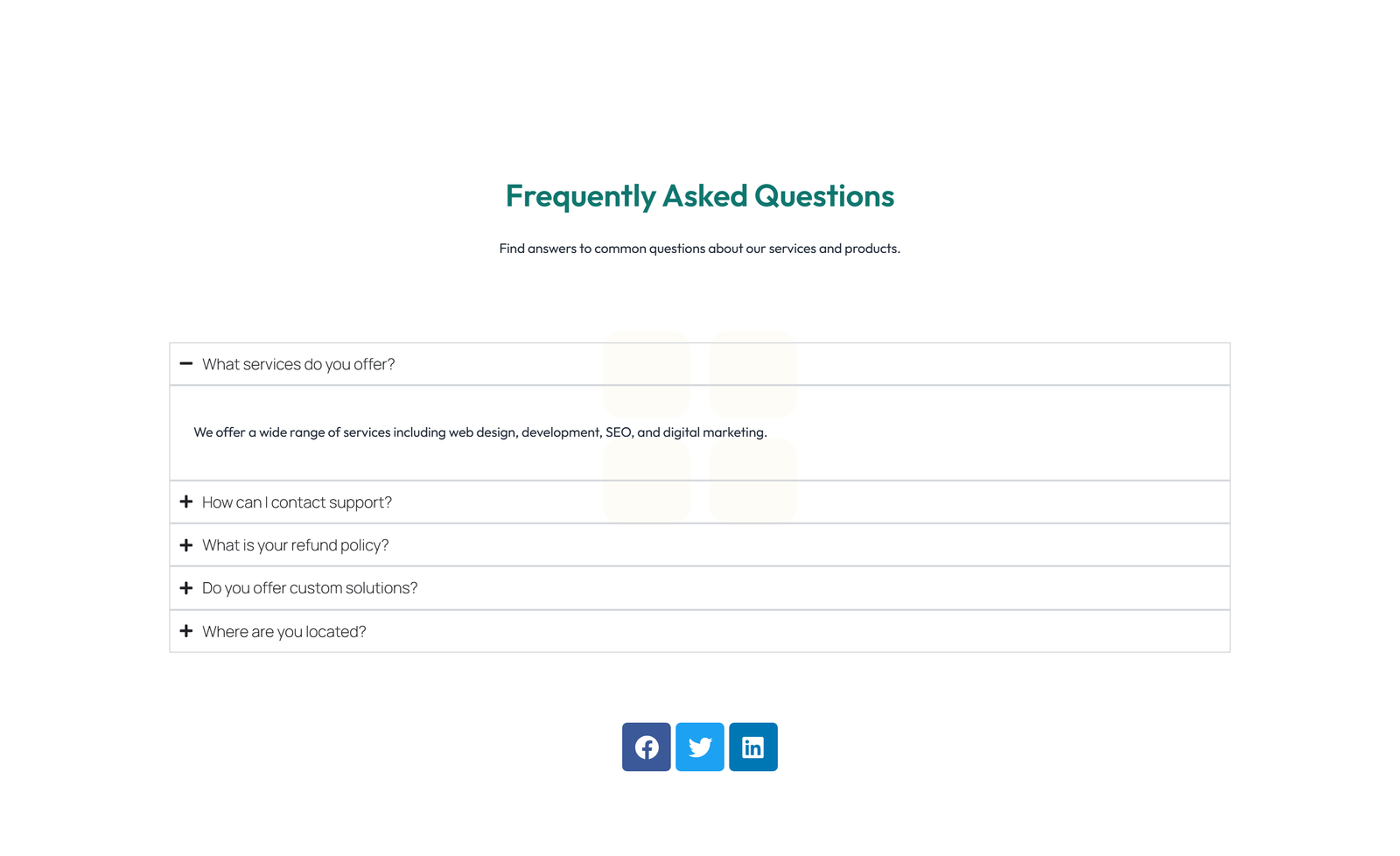 Screenshot of Centered FAQ with Accordion with Heading 39 - Elementor FAQ Sections component