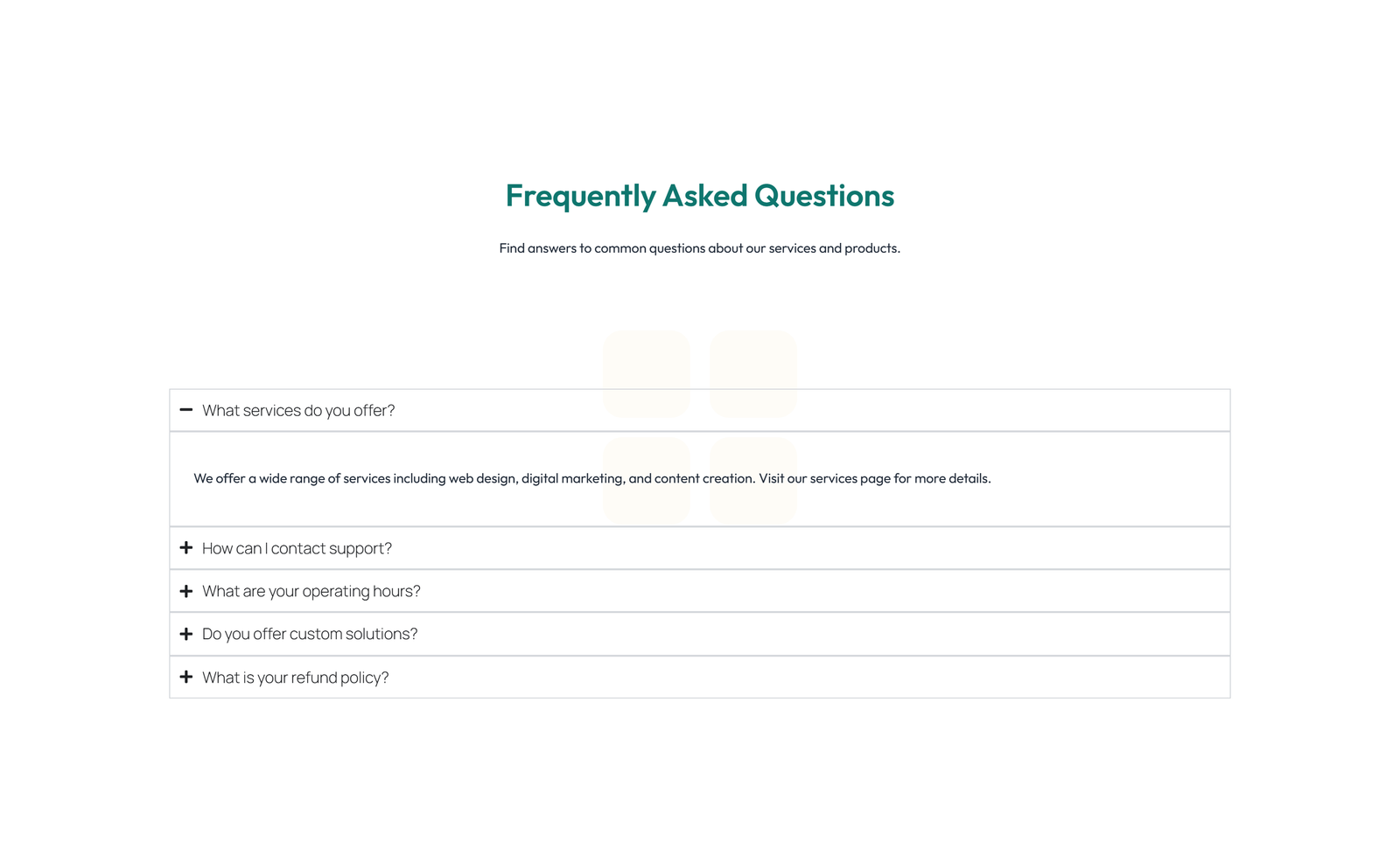 Screenshot of Centered FAQ with Accordion with Heading 40 - Elementor FAQ Sections component
