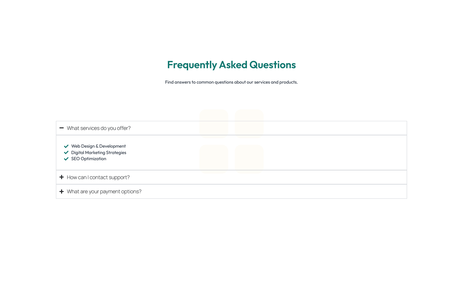 Screenshot of Centered FAQ with Accordion, Follow-up CTA 41 - Elementor FAQ Sections component
