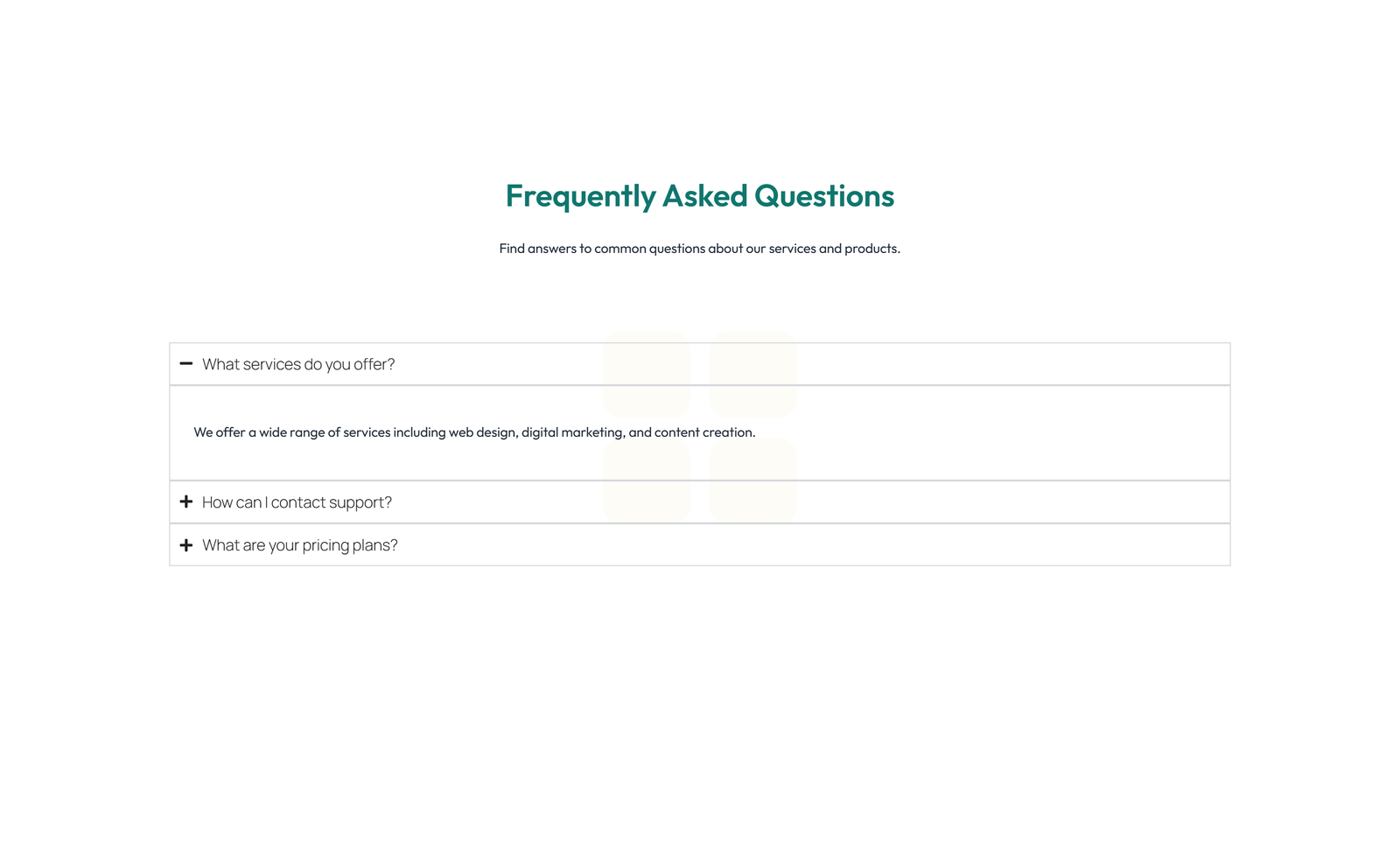 Screenshot of Centered FAQ with Accordion, Follow-up CTA 42 - Elementor FAQ Sections component