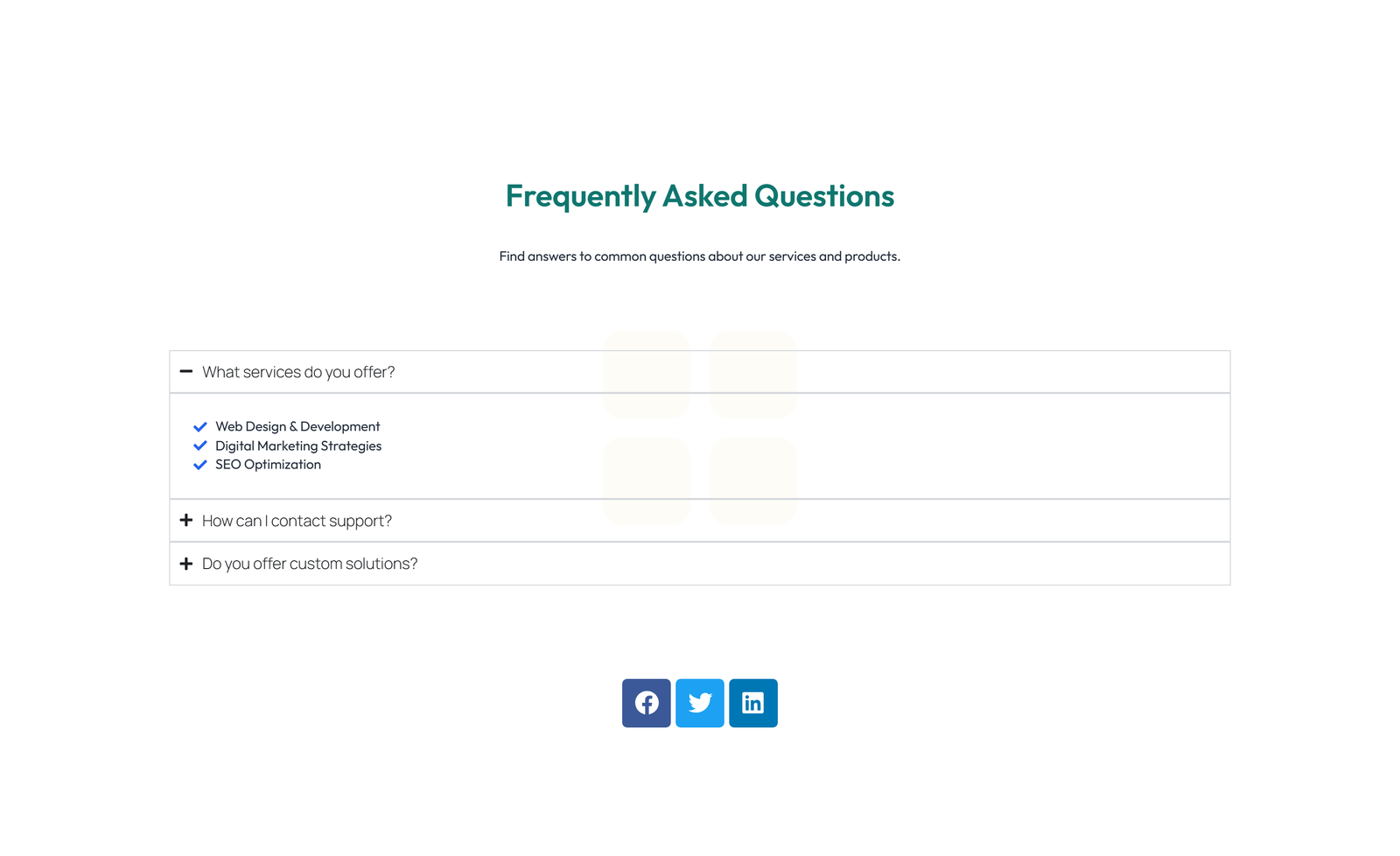 Screenshot of Centered FAQ with Accordion with Heading 43 - Elementor FAQ Sections component