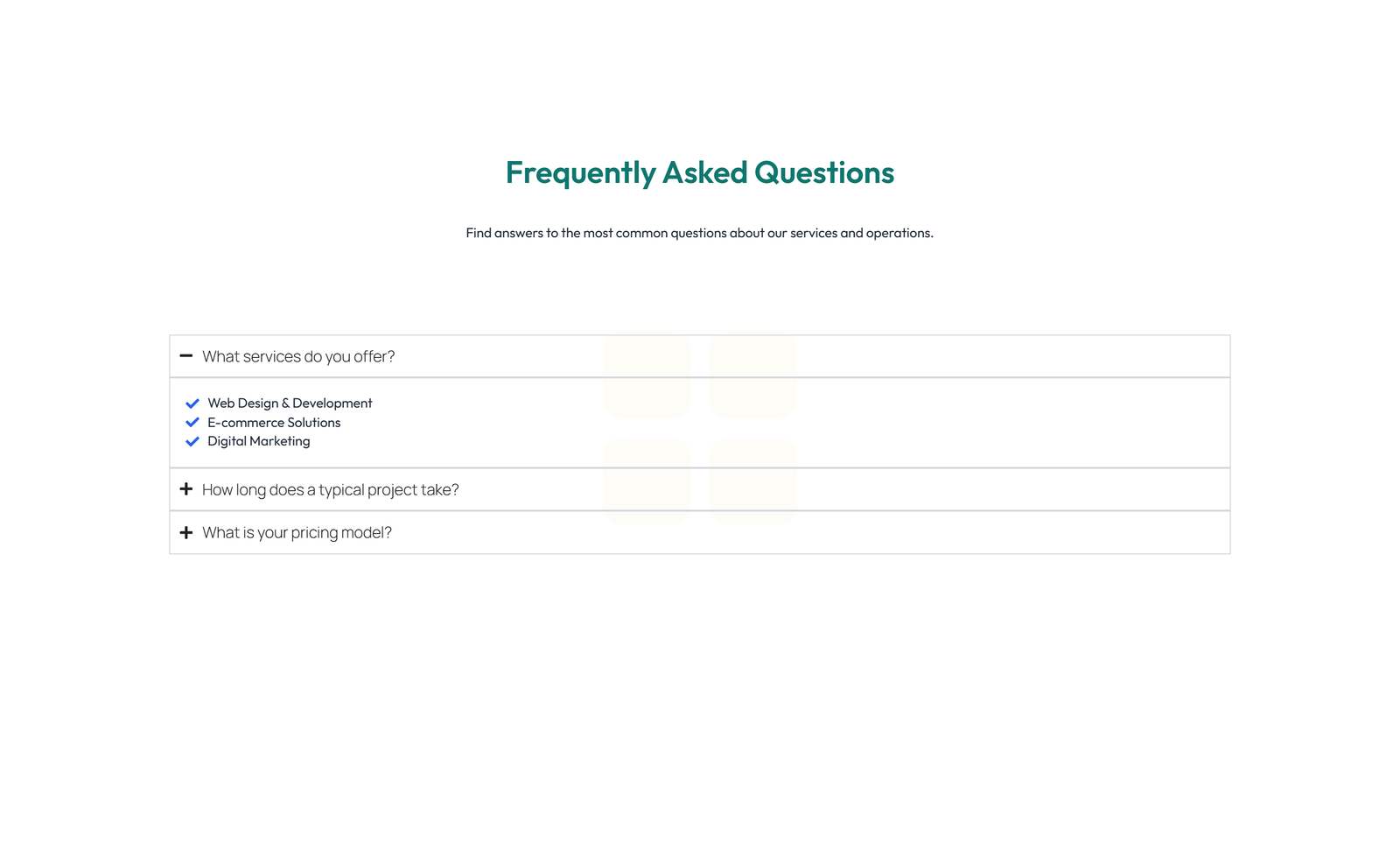 Screenshot of Centered FAQ with Accordion, Follow-up CTA 44 - Elementor FAQ Sections component