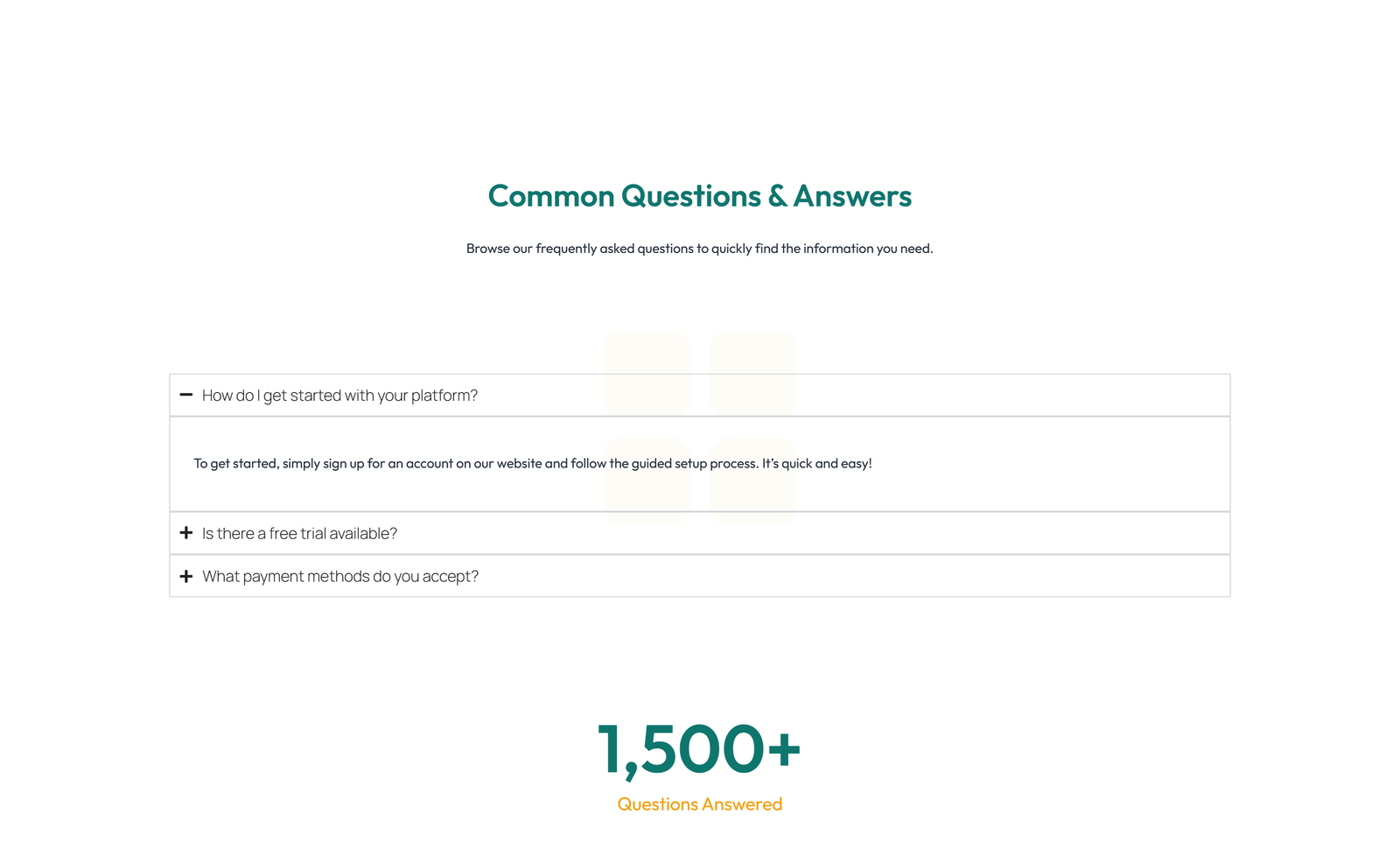 Screenshot of Centered FAQ with Accordion, Follow-up CTA 46 - Elementor FAQ Sections component