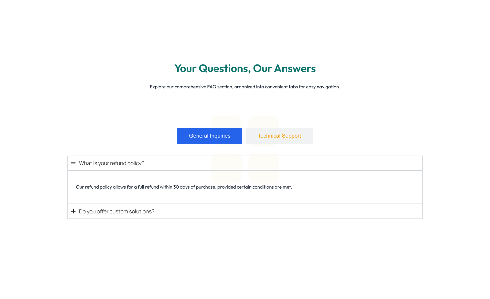 Screenshot of Centered FAQ with Accordion, Follow-up CTA 48 - Elementor FAQ Sections component