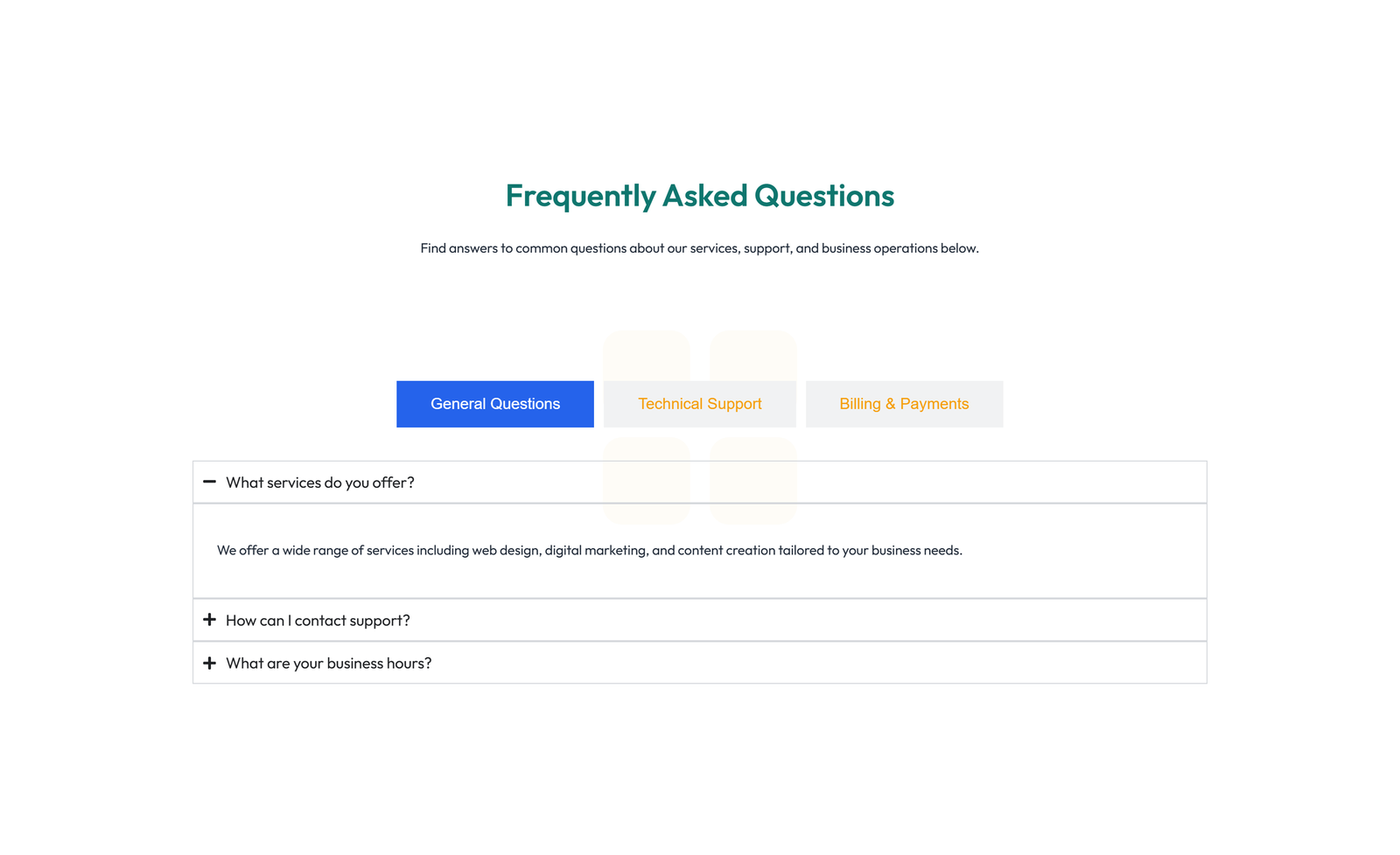 Screenshot of Split FAQ with Text and CTA Left and Accordion Right 50 - Elementor FAQ Sections component