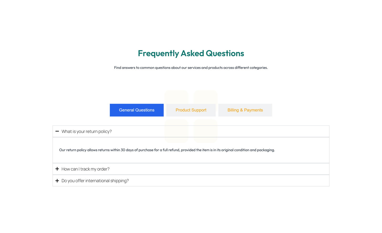 Screenshot of Centered FAQ with Accordion, Follow-up CTA 50 - Elementor FAQ Sections component