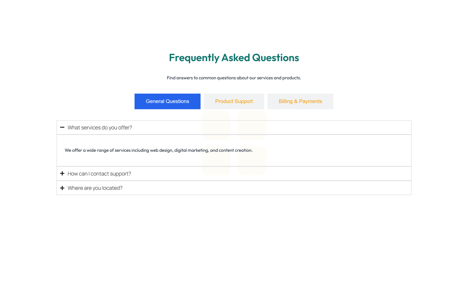 Screenshot of Centered FAQ with Accordion with Heading 51 - Elementor FAQ Sections component