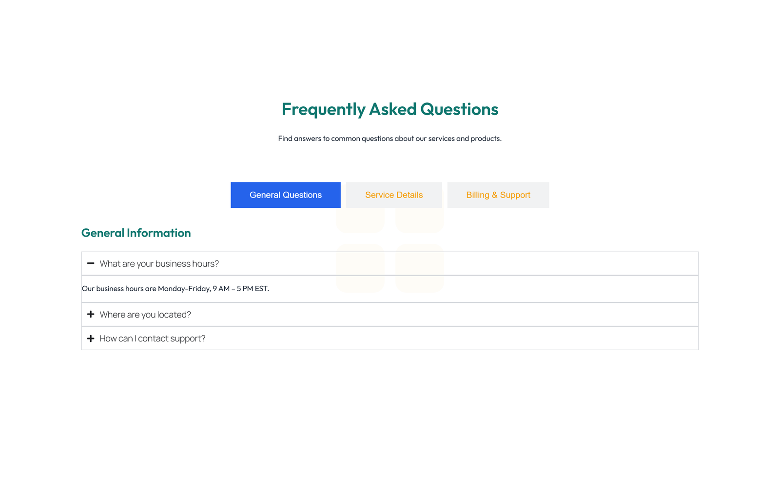Screenshot of Centered FAQ with Accordion, Follow-up CTA 51 - Elementor FAQ Sections component
