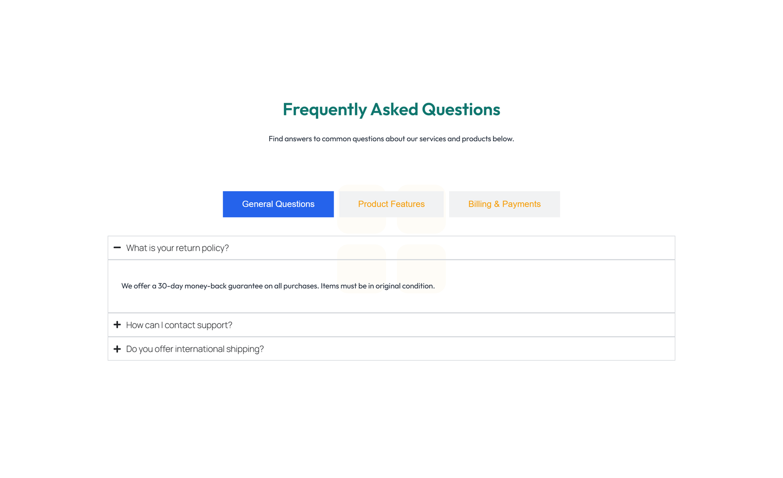 Screenshot of Centered FAQ with Accordion with Heading 52 - Elementor FAQ Sections component