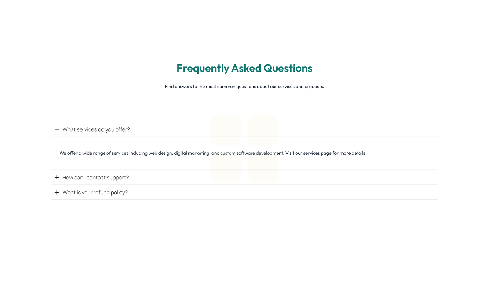Screenshot of Centered FAQ with Accordion with Heading 53 - Elementor FAQ Sections component