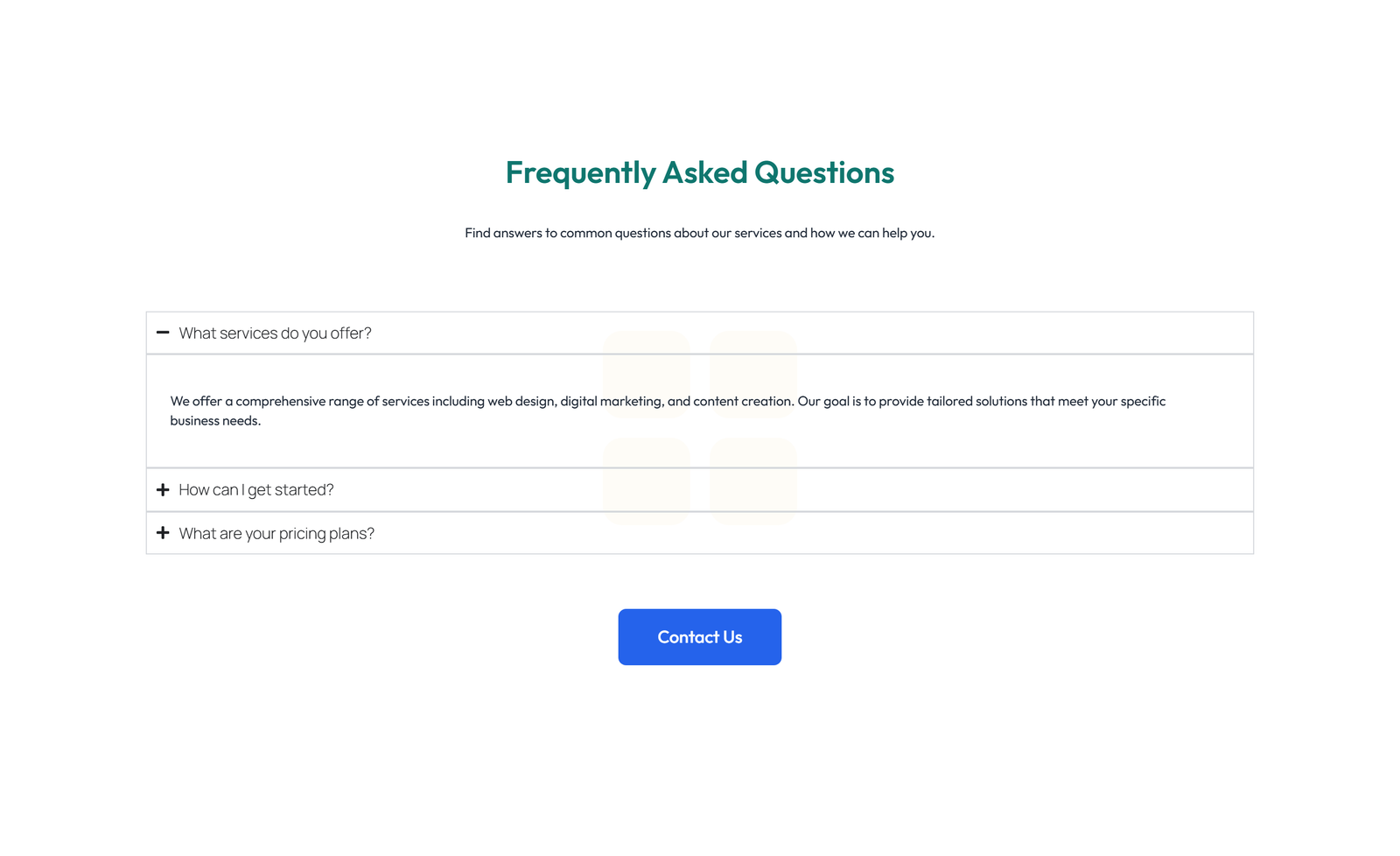 Screenshot of Centered FAQ with Accordion, Follow-up CTA 53 - Elementor FAQ Sections component