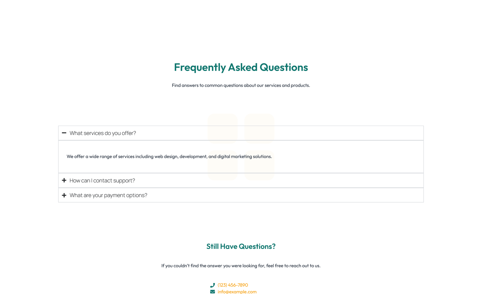 Screenshot of Centered FAQ with Accordion with Heading 54 - Elementor FAQ Sections component