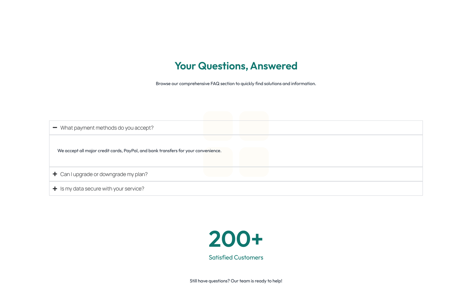 Screenshot of Centered FAQ with Accordion, Follow-up CTA 57 - Elementor FAQ Sections component