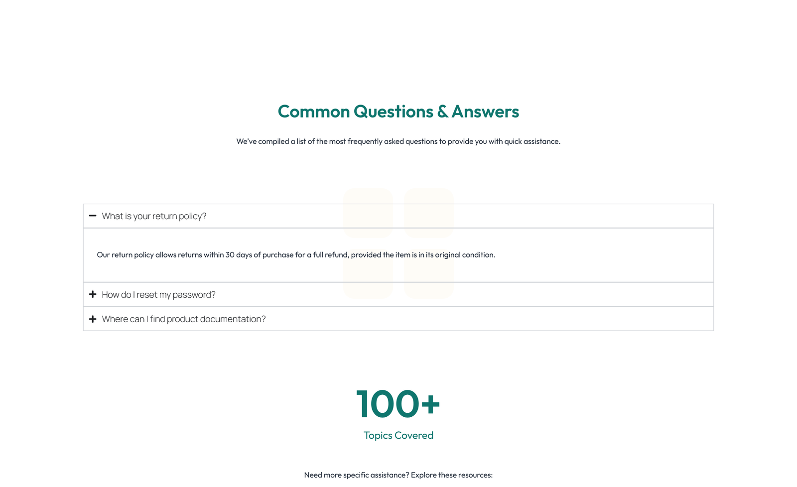 Screenshot of Centered FAQ with Accordion with Heading 58 - Elementor FAQ Sections component