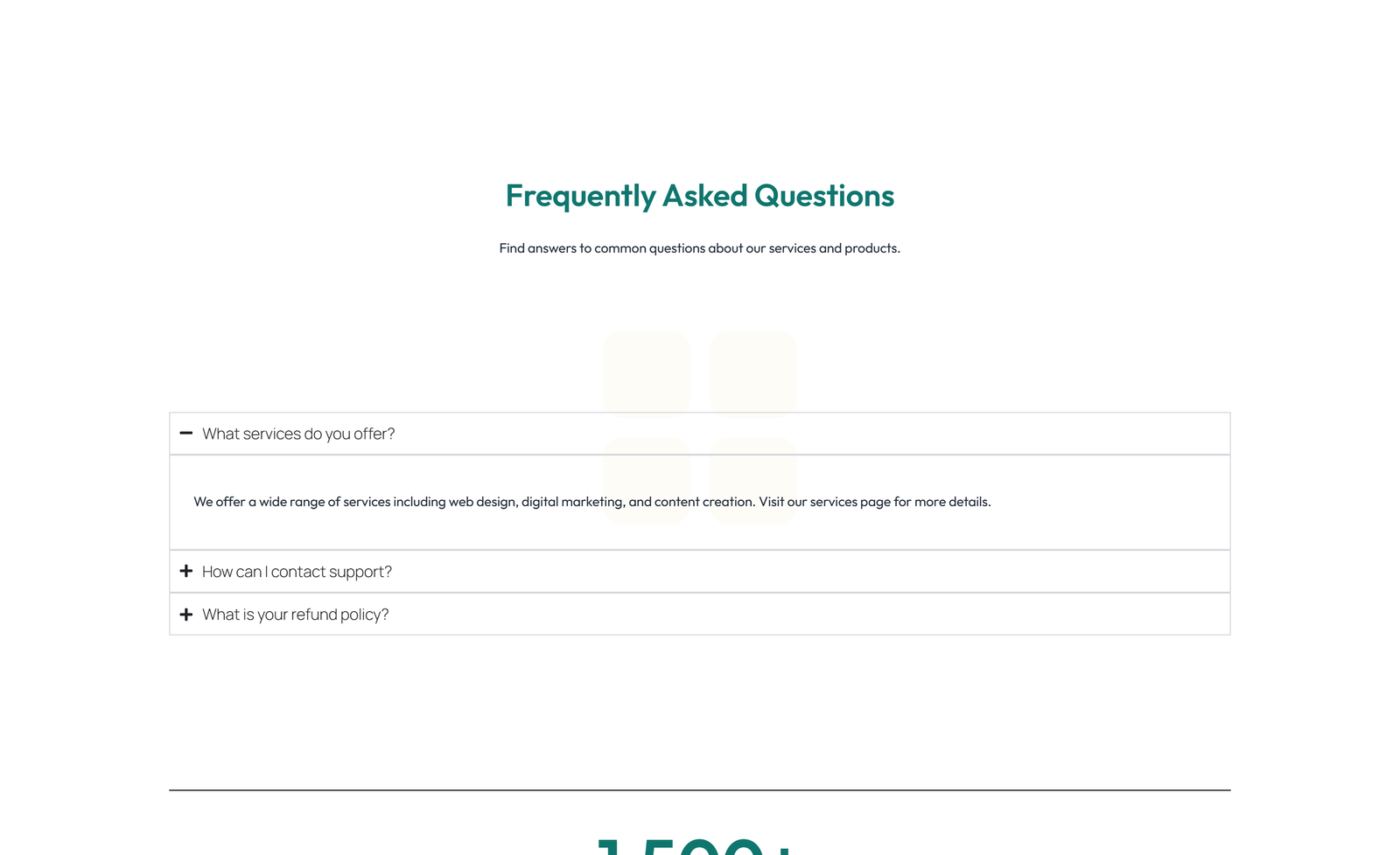 Screenshot of Centered FAQ with Accordion, Follow-up CTA 59 - Elementor FAQ Sections component