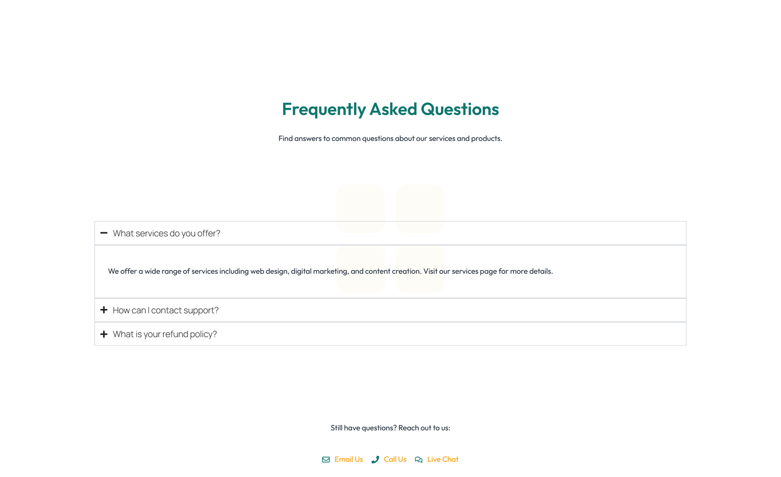Screenshot of Centered FAQ with Accordion with Heading 62 - Elementor FAQ Sections component