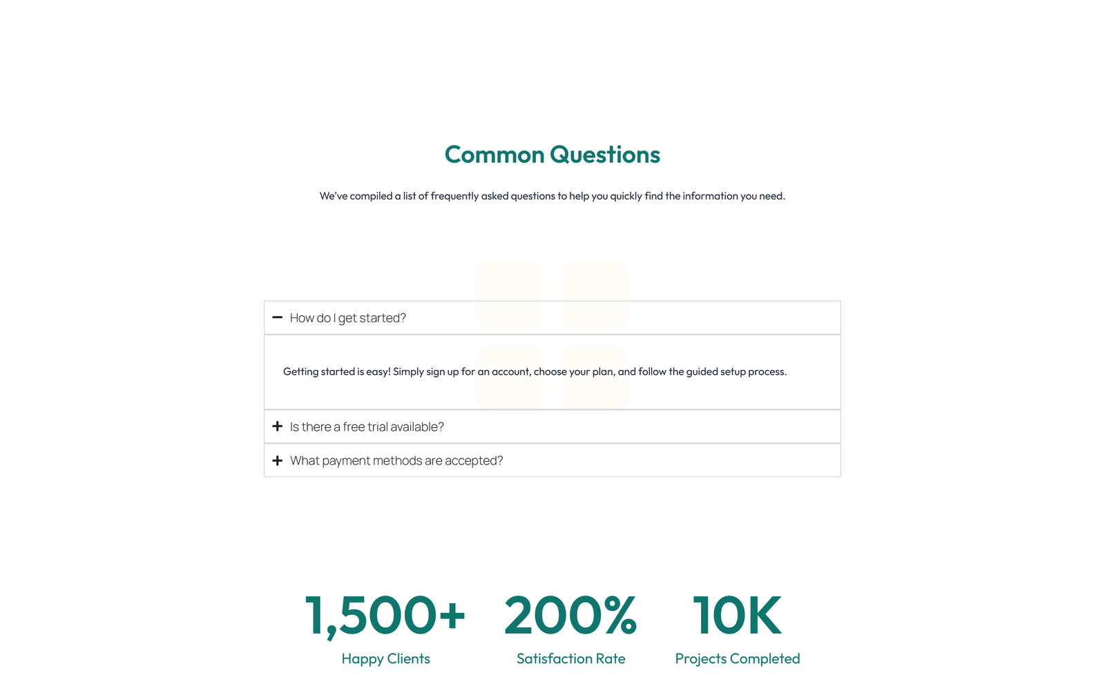 Screenshot of Centered FAQ with Accordion, Follow-up CTA 62 - Elementor FAQ Sections component