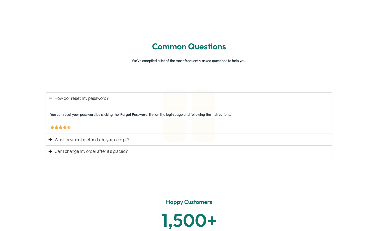 Screenshot of Centered FAQ with Accordion, Follow-up CTA 70 - Elementor FAQ Sections component