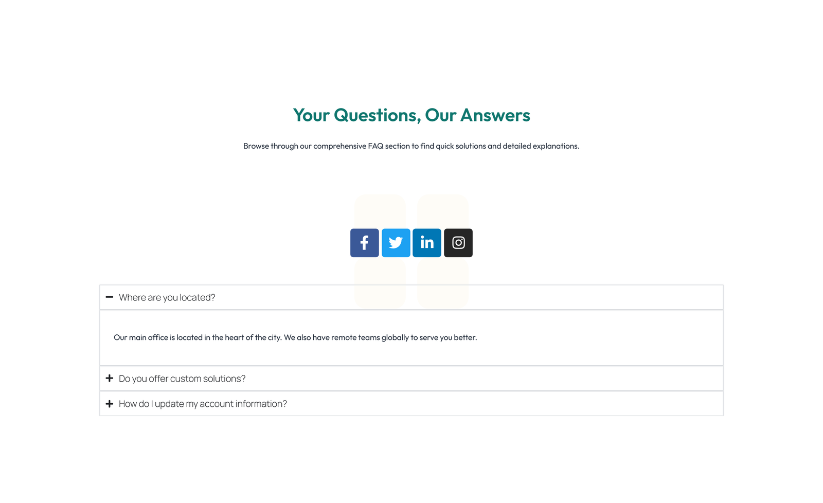 Screenshot of Centered FAQ with Accordion with Heading 79 - Elementor FAQ Sections component