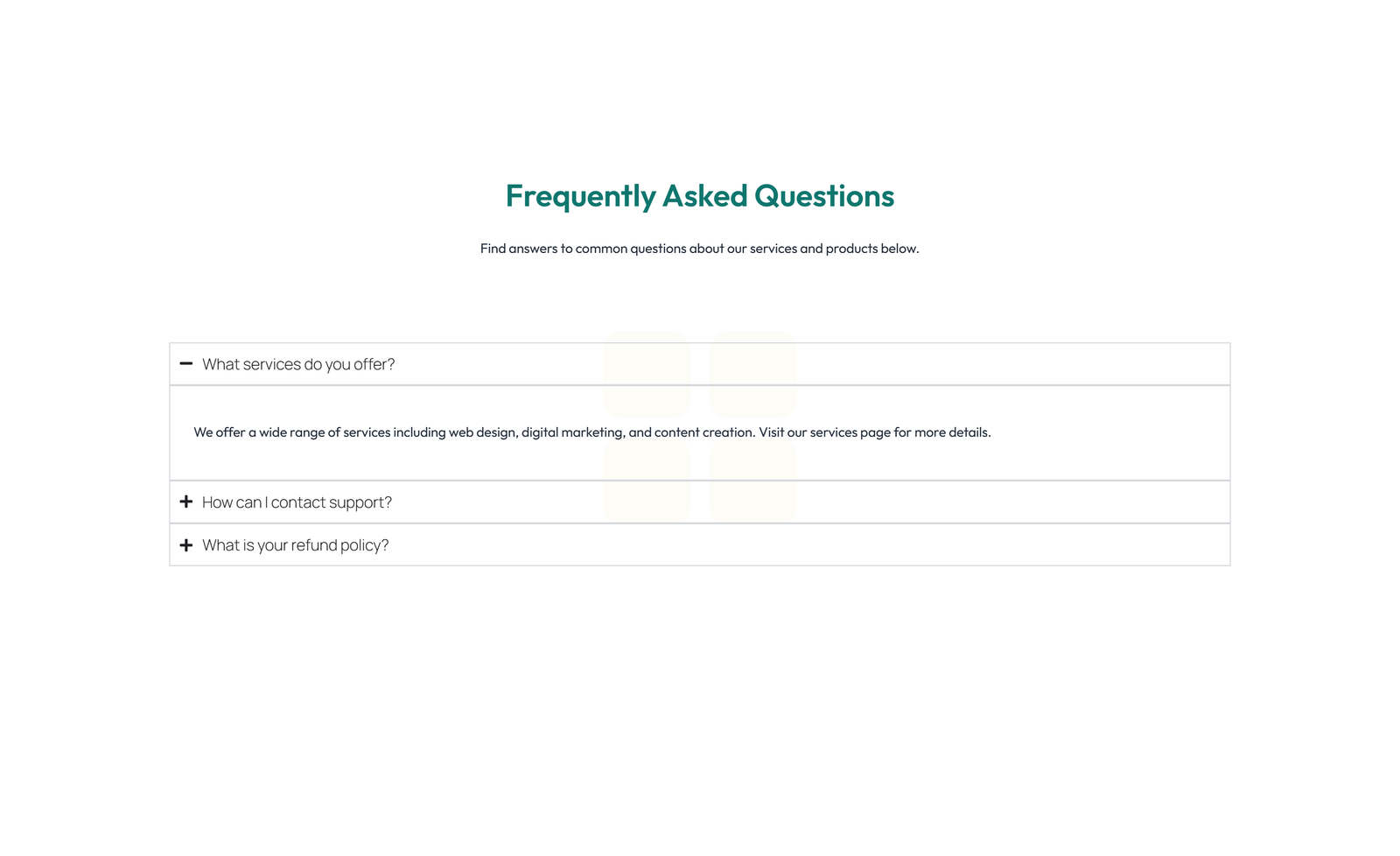Screenshot of Centered FAQ with Accordion with Heading 81 - Elementor FAQ Sections component