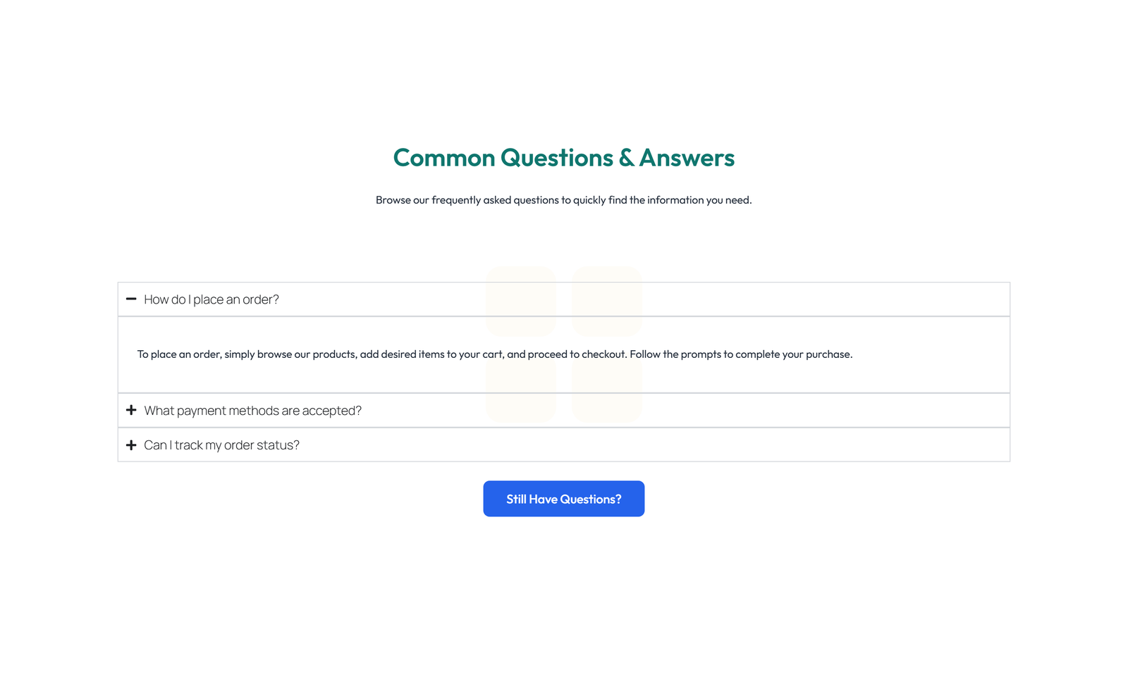 Screenshot of Centered FAQ with Accordion, Follow-up CTA 81 - Elementor FAQ Sections component