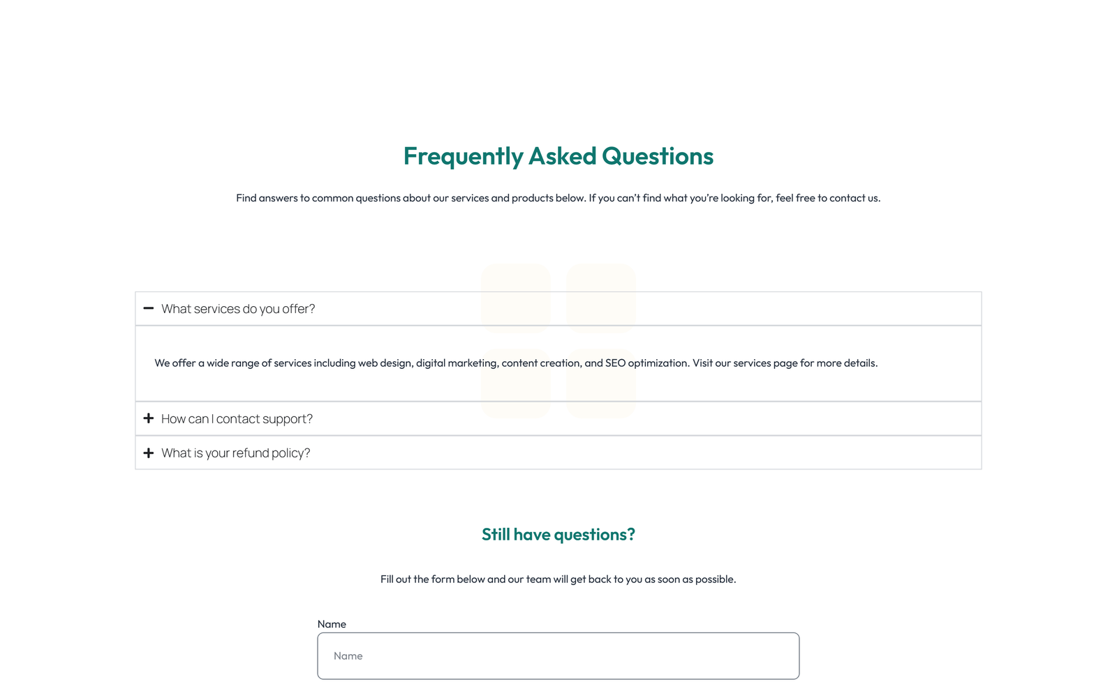 Screenshot of Split FAQ with Text and CTA Left and Accordion Right 82 - Elementor FAQ Sections component