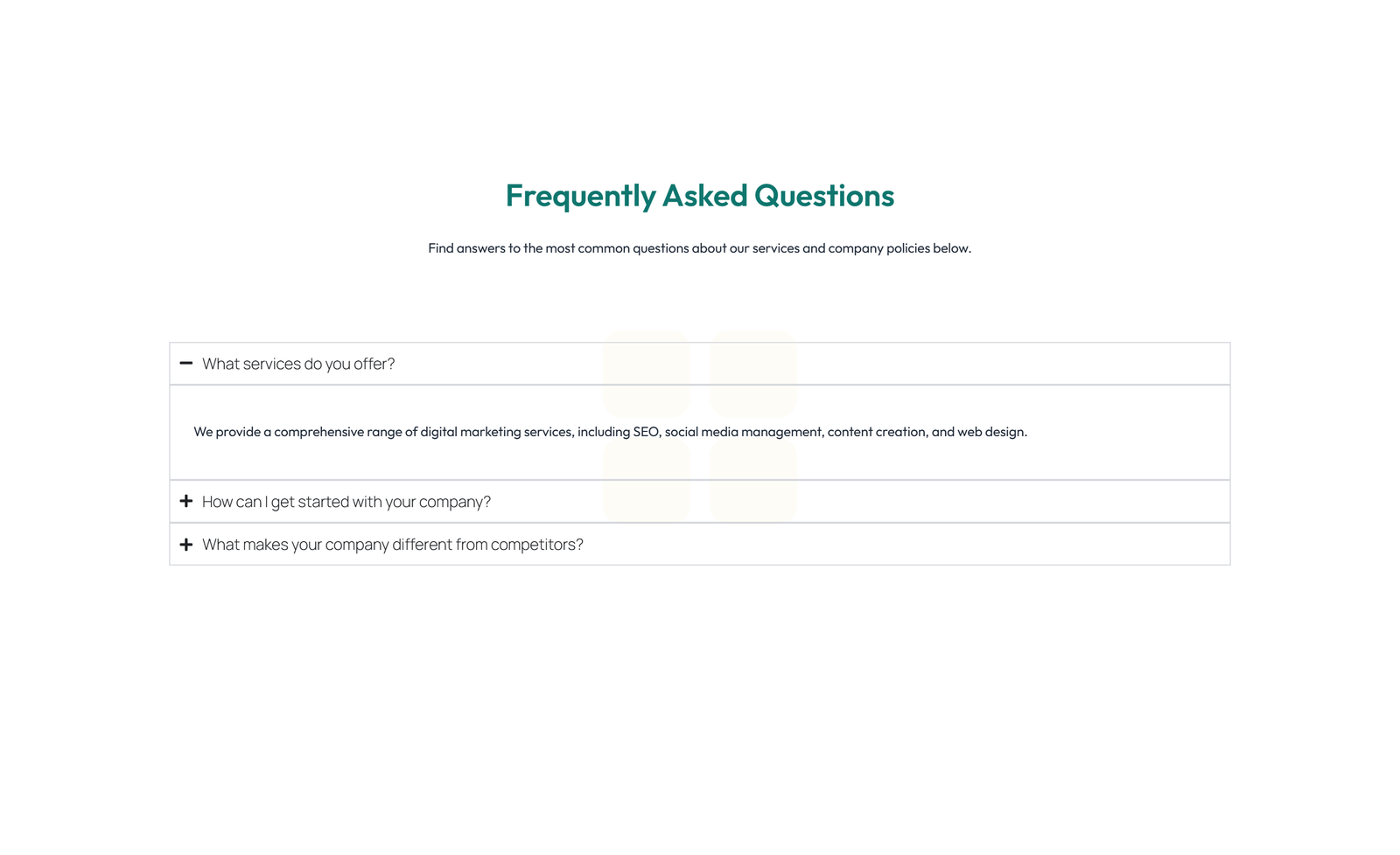 Screenshot of Centered FAQ with Accordion, Follow-up CTA 82 - Elementor FAQ Sections component