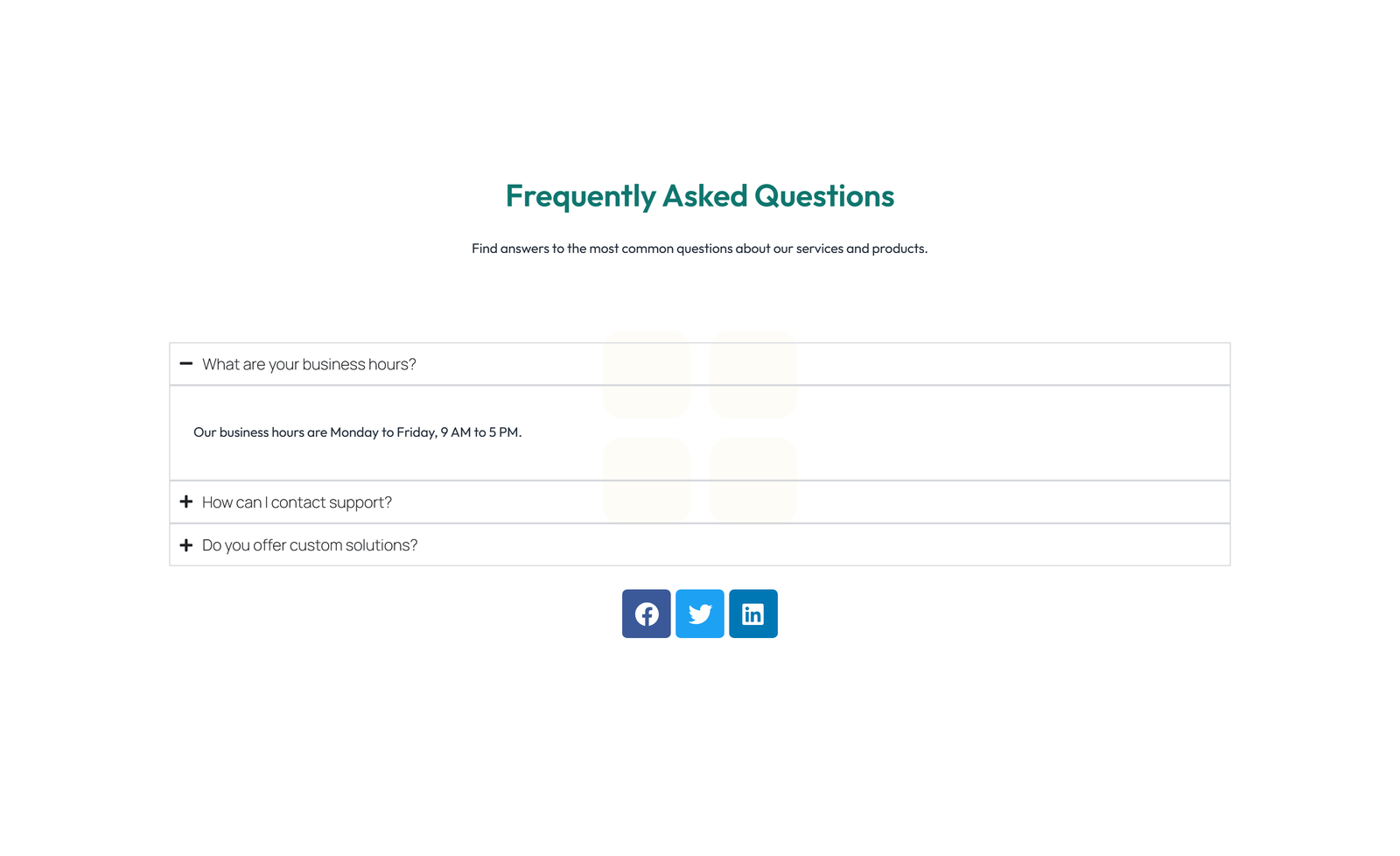 Screenshot of Centered FAQ with Accordion with Heading 83 - Elementor FAQ Sections component