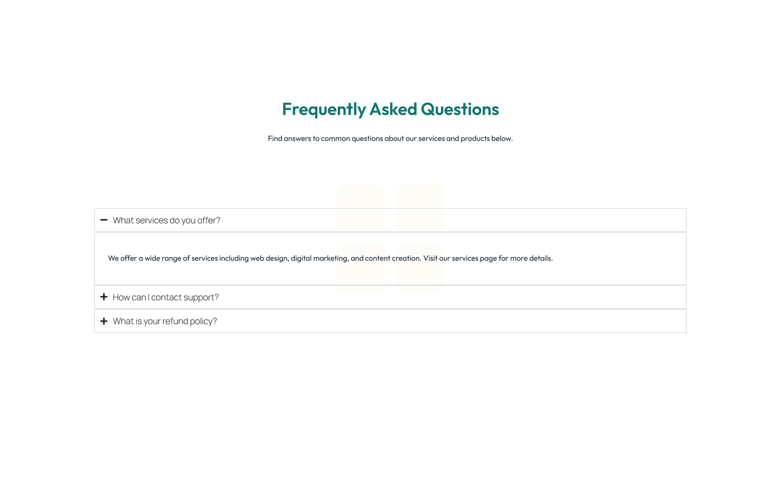 Screenshot of Centered FAQ with Accordion, Follow-up CTA 84 - Elementor FAQ Sections component