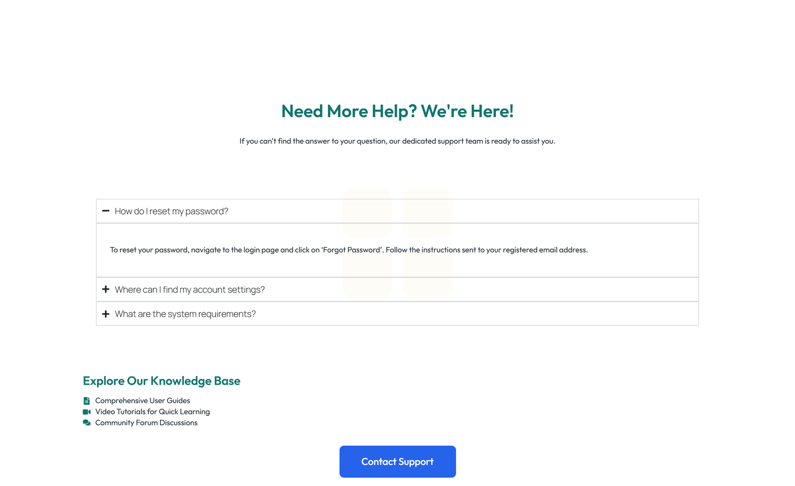Screenshot of Centered FAQ with Accordion, Follow-up CTA 85 - Elementor FAQ Sections component
