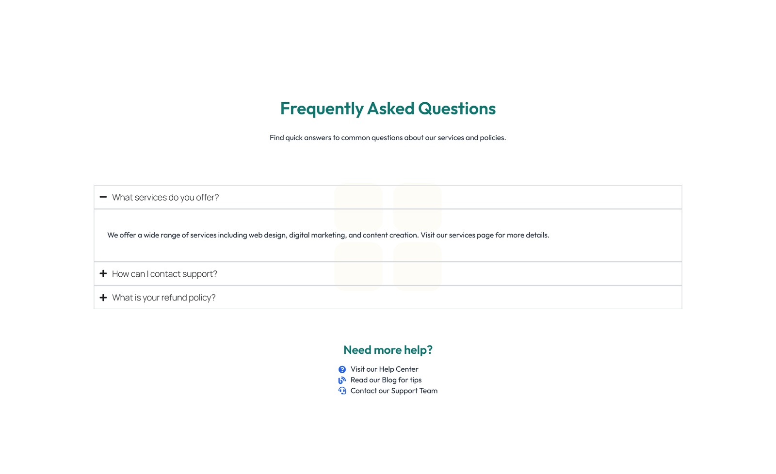Screenshot of Centered FAQ with Accordion with Heading 86 - Elementor FAQ Sections component