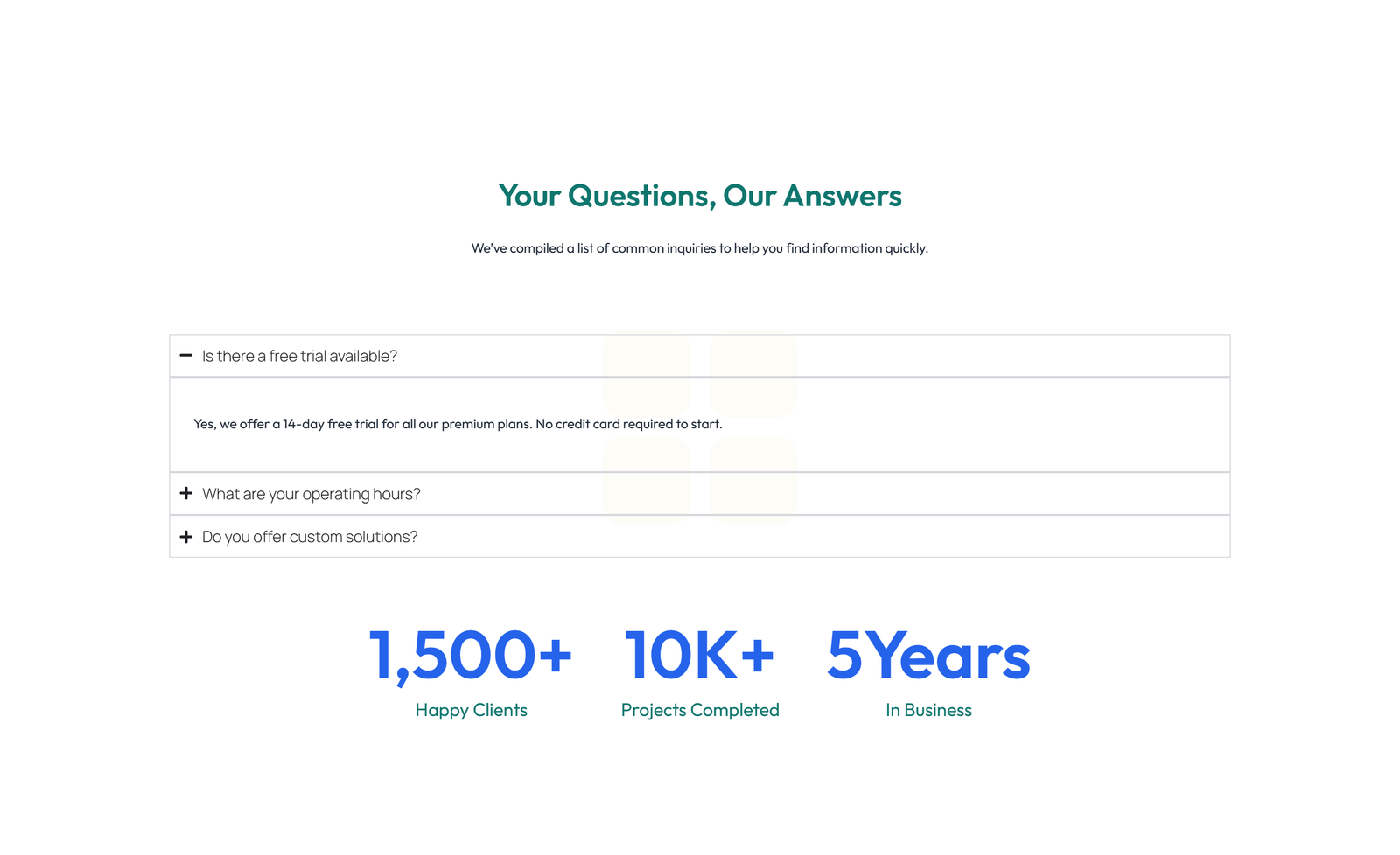 Screenshot of Centered FAQ with Accordion, Follow-up CTA 86 - Elementor FAQ Sections component