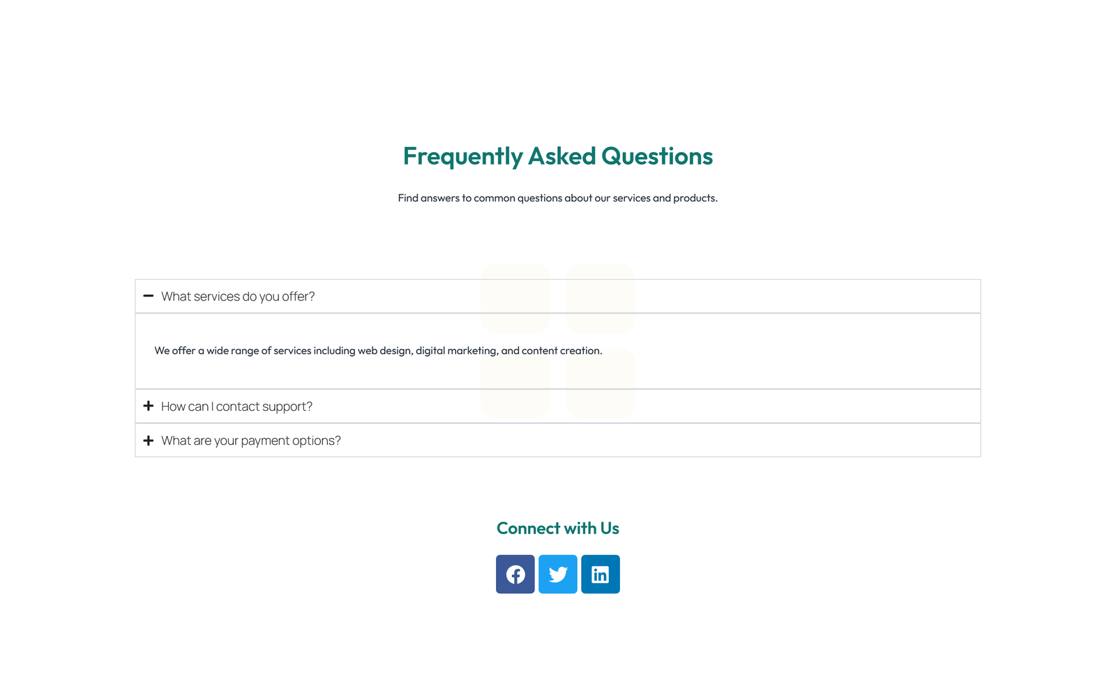 Screenshot of Centered FAQ with Accordion with Heading 87 - Elementor FAQ Sections component