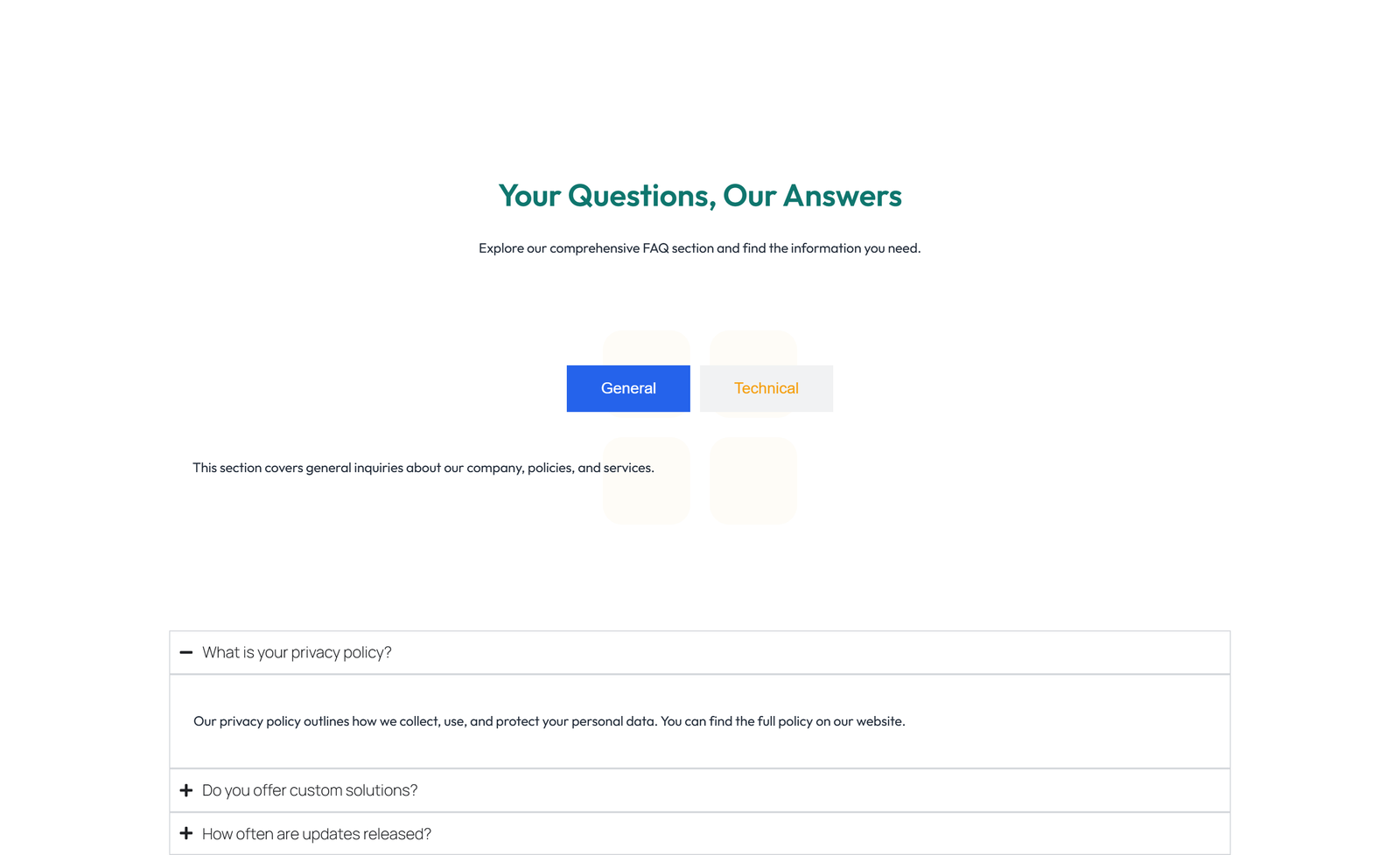 Screenshot of Centered FAQ with Accordion, Follow-up CTA 88 - Elementor FAQ Sections component