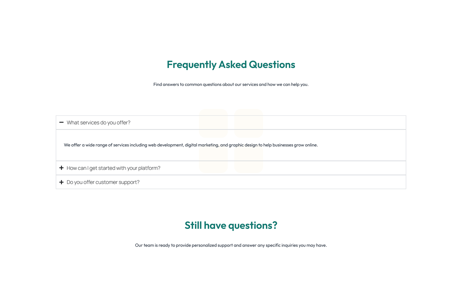 Screenshot of Centered FAQ with Accordion with Heading 89 - Elementor FAQ Sections component