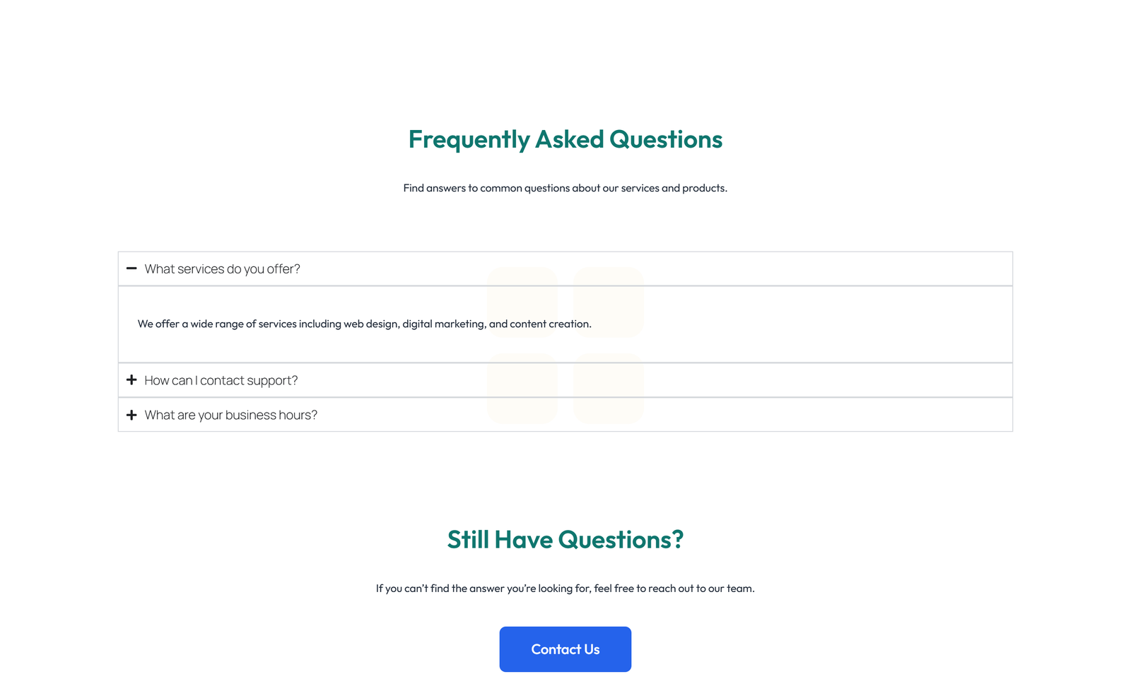 Screenshot of Centered FAQ with Accordion, Follow-up CTA 90 - Elementor FAQ Sections component